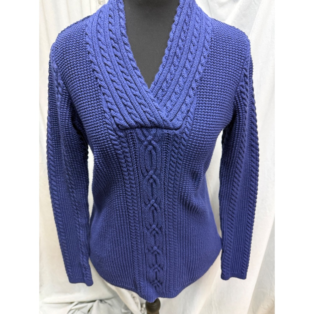 Nautica Womens Blue Cable Knit Shawl Collar Cotton Sweater M Fall Cozy Preppy